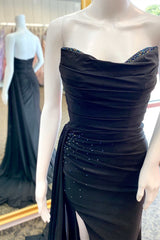 Black Beaded Strapless Mermaid Long Prom Dress with Attached Train