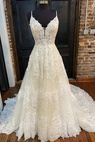 White Lace V-Neck A-Line Bridal Gown