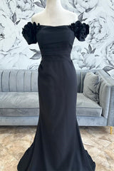 Black Flowers Off-the-Shoulder Buttons Mother of the Bride Dress