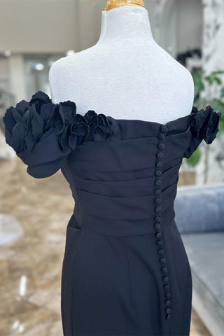 Black Flowers Off-the-Shoulder Buttons Mother of the Bride Dress
