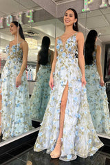 Light Blue 3D Floral Lace Plunge V A-Line Long Prom Dress with Slit