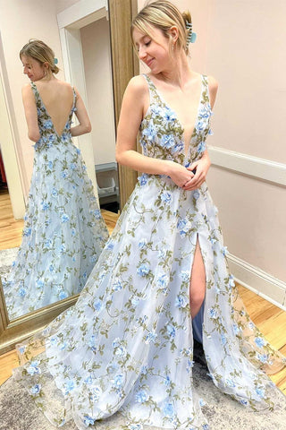 Light Blue 3D Floral Lace Plunge V A-Line Long Prom Dress with Slit