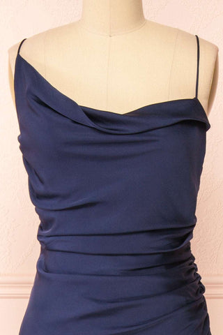 Asymmetrical Navy Blue Cross-Back Sheath Maxi Dress