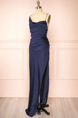 Asymmetrical Navy Blue Cross-Back Sheath Maxi Dress