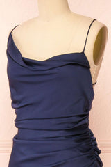 Asymmetrical Navy Blue Cross-Back Sheath Maxi Dress