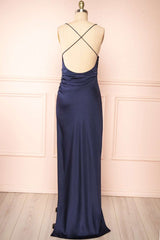 Asymmetrical Navy Blue Cross-Back Sheath Maxi Dress