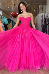 Hot Pink Tulle Lace Sweetheart A-Line Long Prom Dress