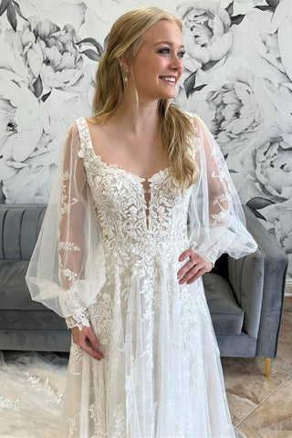 Ivory Illusion Puff Sleeves V Neck Appliques Long Wedding Dress