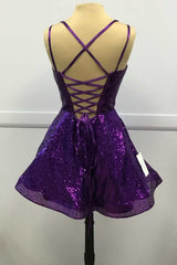 Purple Sequin Plunge V Lace-Up A-Line Short Party Dress