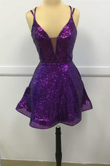 Purple Sequin Plunge V Lace-Up A-Line Short Party Dress