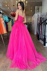 Hot Pink Tulle Lace Sweetheart A-Line Long Prom Dress