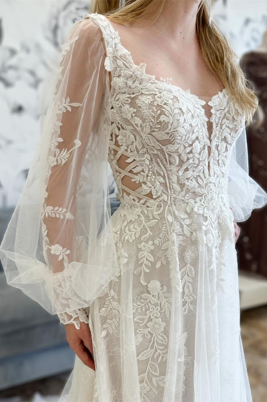 Ivory Illusion Puff Sleeves V Neck Appliques Long Wedding Dress