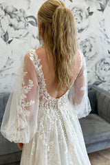 Ivory Illusion Puff Sleeves V Neck Appliques Long Wedding Dress