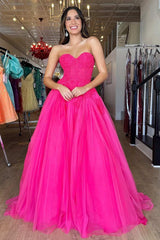 Hot Pink Tulle Lace Sweetheart A-Line Long Prom Dress