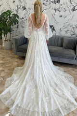 Ivory Illusion Puff Sleeves V Neck Appliques Long Wedding Dress