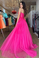 Hot Pink Tulle Lace Sweetheart A-Line Long Prom Dress