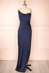 Asymmetrical Navy Blue Cross-Back Sheath Maxi Dress