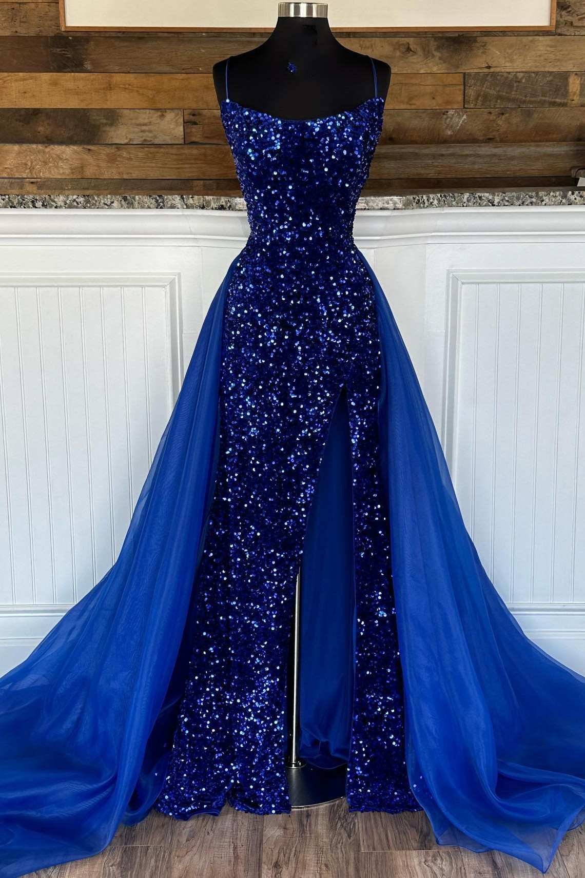 Blue Sequin Lace-Up Back Long Prom Dress with Attached Train