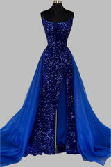 Blue Sequin Lace-Up Back Long Prom Dress with Attached Train