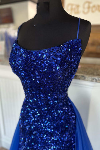 Blue Sequin Lace-Up Back Long Prom Dress with Attached Train