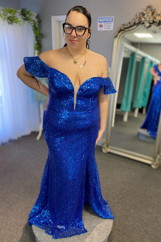 Royal Blue Plunging Off-the-Shoulder Sequins Long Prom Dress with Slit