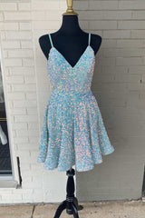 A-Line Blue Iridescent Sequin Short Homecoming Dress