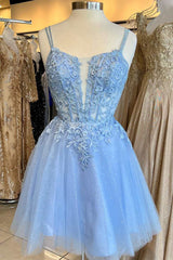 Blue Tulle Lace Split Neck A-Line Short Homecoming Dress