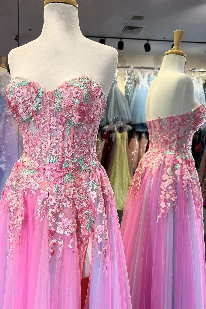 Multi-Color Floral Lace Sweetheart A-Line Prom Dress with Slit