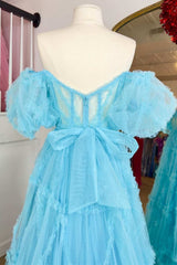 Blue Tulle Off-the-Shoulder Puff Sleeves A-Line Long Prom Dress with Ruffles