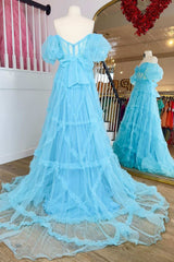 Blue Tulle Off-the-Shoulder Puff Sleeves A-Line Long Prom Dress with Ruffles