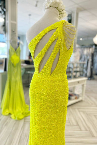 Yellow Sequin Tassel One-Shoulder Long Prom Dress with Slit