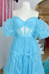 Blue Tulle Off-the-Shoulder Puff Sleeves A-Line Long Prom Dress with Ruffles