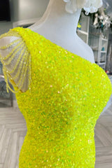 Yellow Sequin Tassel One-Shoulder Long Prom Dress with Slit