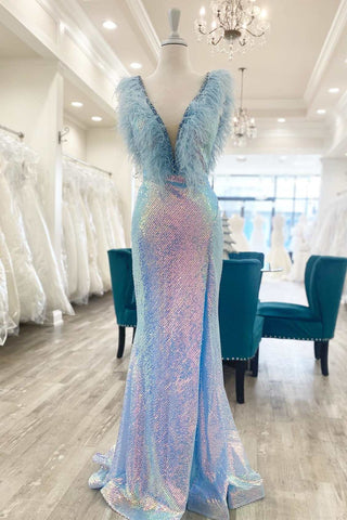 Blue Iridescent Sequin Feather Open Back Long Prom Dress with Slit