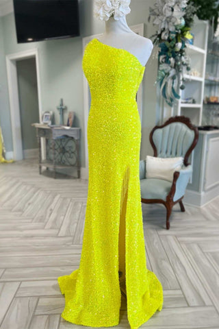 Yellow Sequin Tassel One-Shoulder Long Prom Dress with Slit