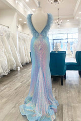 Blue Iridescent Sequin Feather Open Back Long Prom Dress with Slit