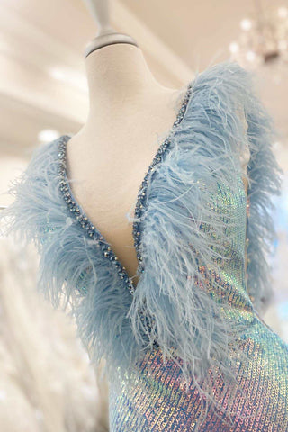 Blue Iridescent Sequin Feather Open Back Long Prom Dress with Slit