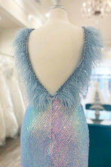 Blue Iridescent Sequin Feather Open Back Long Prom Dress with Slit