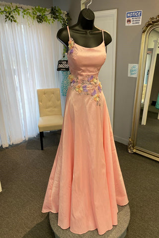 Coral 3D Floral Lace Scoop Neck A-Line Long Prom Dress