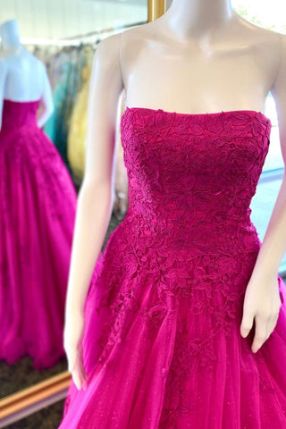 Magenta Floral Lace Strapless A-Line Prom Dress