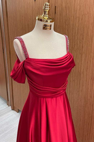 Rotes, schulterfreies A-Linie-Abschlussballkleid aus Satin mit Perlen