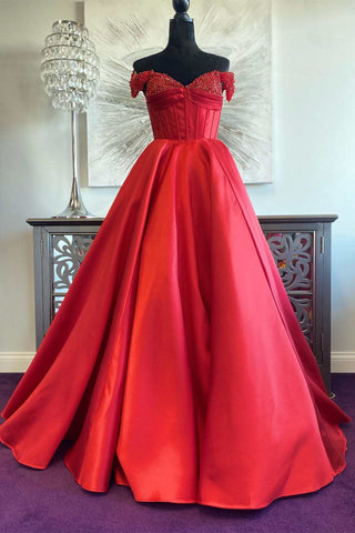 Princess Red Beaded Off-the-Shoulder A-Line Long Prom Dress
