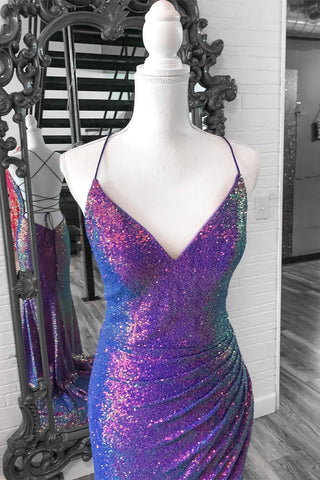 Purple Iridescent Sequins V Neck Lace-Up Long Prom Dress with Slit