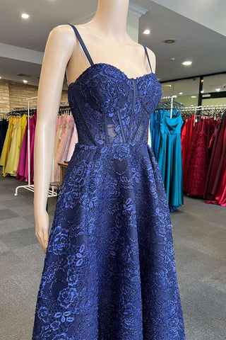 Navy Blue Floral Lace Sweetheart A-Line Prom Dress