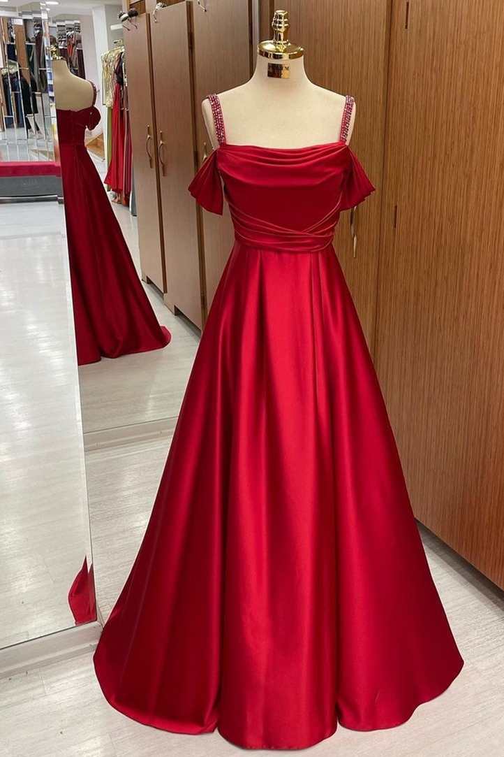 Red Satin Beaded Cold-Shoulder A-Line Prom Dress