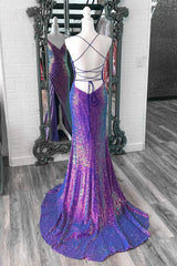 Purple Iridescent Sequins V Neck Lace-Up Long Prom Dress with Slit