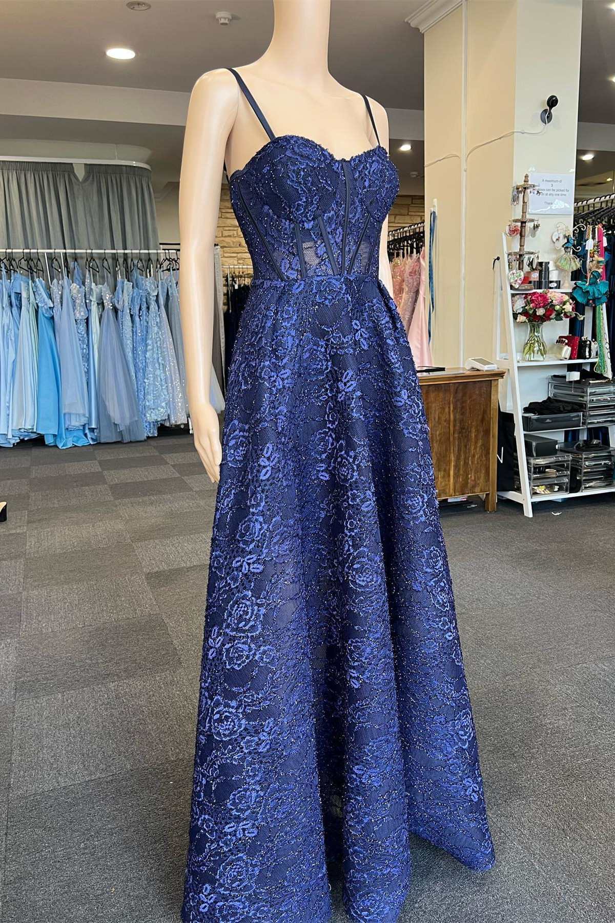 Navy Blue Floral Lace Sweetheart A-Line Prom Dress