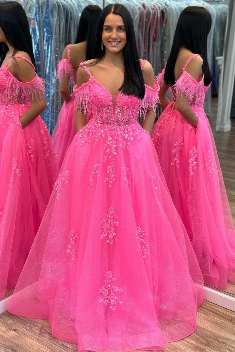 Hot Pink Tulle Feather Cold-Shoulder A-Line Long Prom Dress