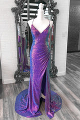 Purple Iridescent Sequins V Neck Lace-Up Long Prom Dress with Slit