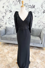 Black Sequin V-Neck Long Sleeve Formal Dress